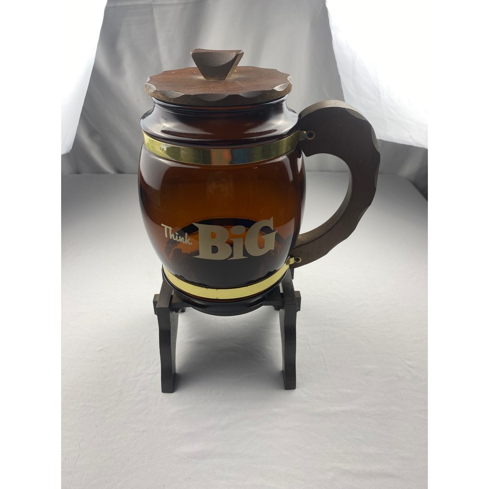 Siestaware Amber Glass Barrel Mug Think BiG Wood Lid and Stand Vintage MCM